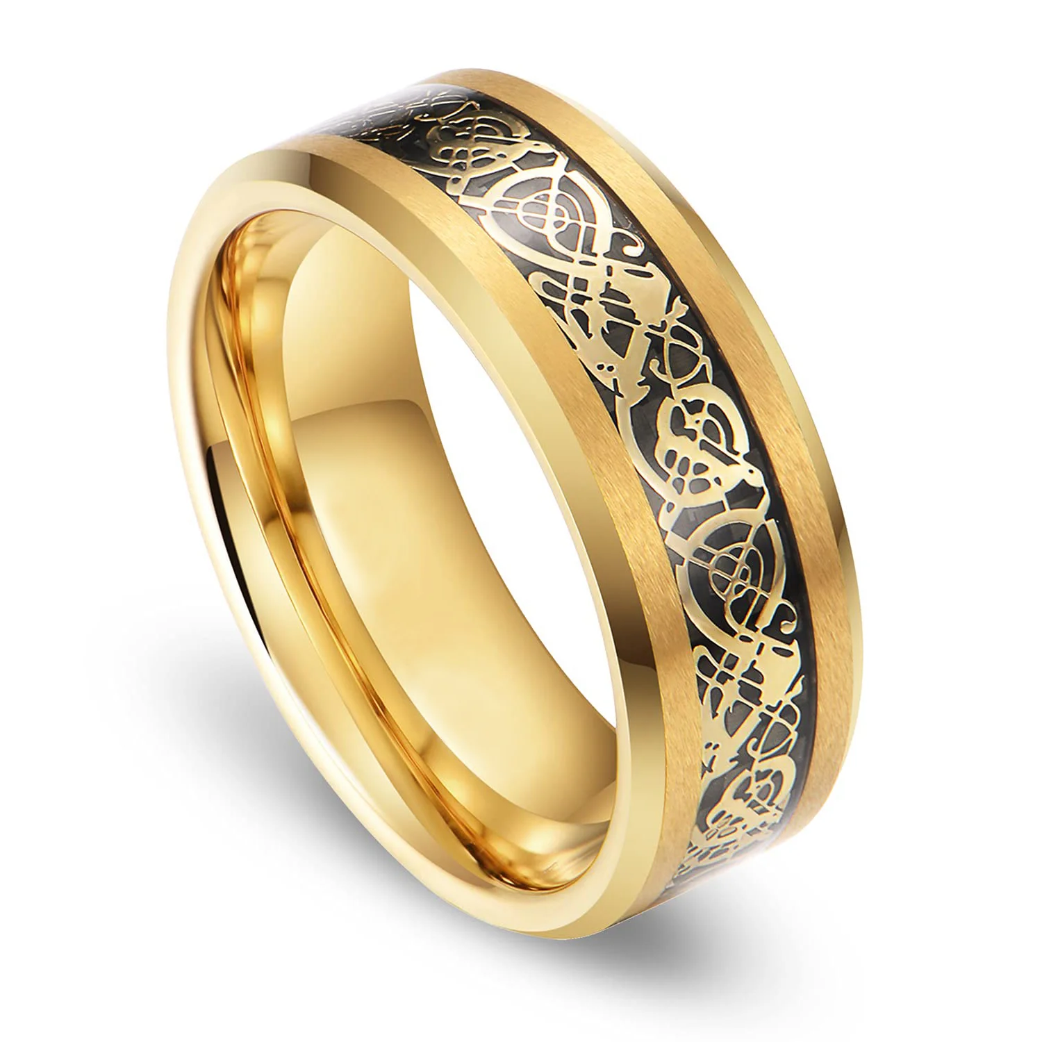 8mm Fashion Men Gold Color Stainless Steel Celtic Dragon Ring Inlay Black Carbon Fiber Ring Men Wedding Band Jewelry Size 6-13