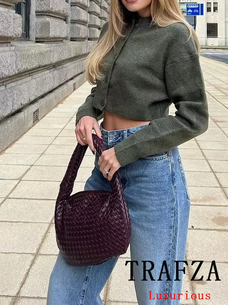 TRAFZA Casual Chic Sweter damski Solid O-Neck Jednorzędowe dzianinowe kardigany z długim rękawem Moda 2024 Swetry jesienno-zimowe