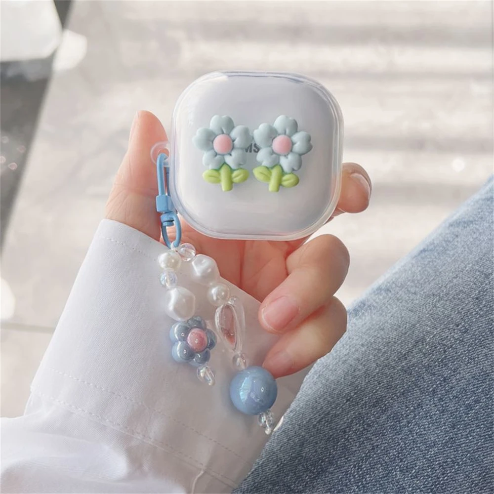 Kawaii Cute 3D Blue Flower Earbuds Headphones Soft Case For Samsung Galaxy Buds Live With Keychain Case For Samsung Buds 2 Pro