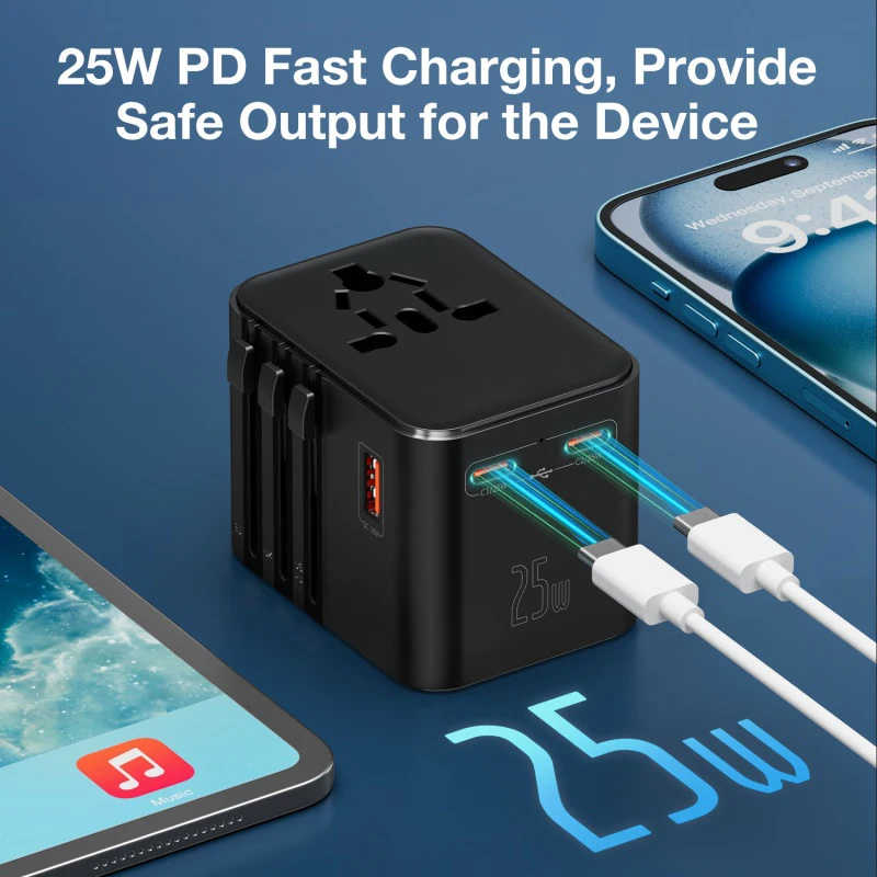 25w Gan Fast Charging Adapter For Fr Au Us Eu And Uk Standard Multi-Country Adapter Mini Portable Globally Travel Adapter Socket