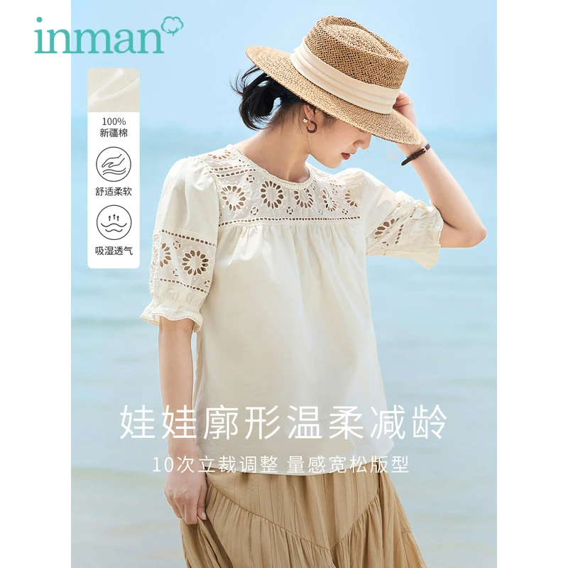 

INMAN Women Blouse 2023 Summer Puff Sleeve Round Neck Loose Shirts Hollow Embroidery Fashion Design Breathable Tops