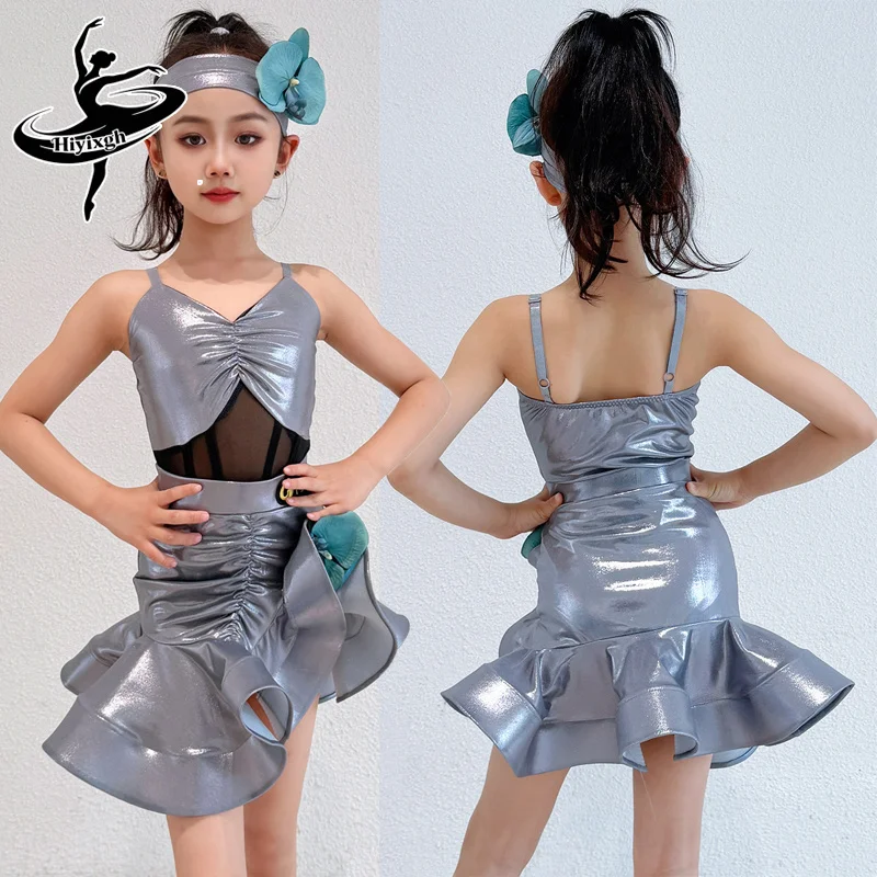 

Kids Latin Dance Costume Girls Competition Dress Fishbone Suit Silver Gray Dress Cha Cha Rumba Dance Performance Clothes