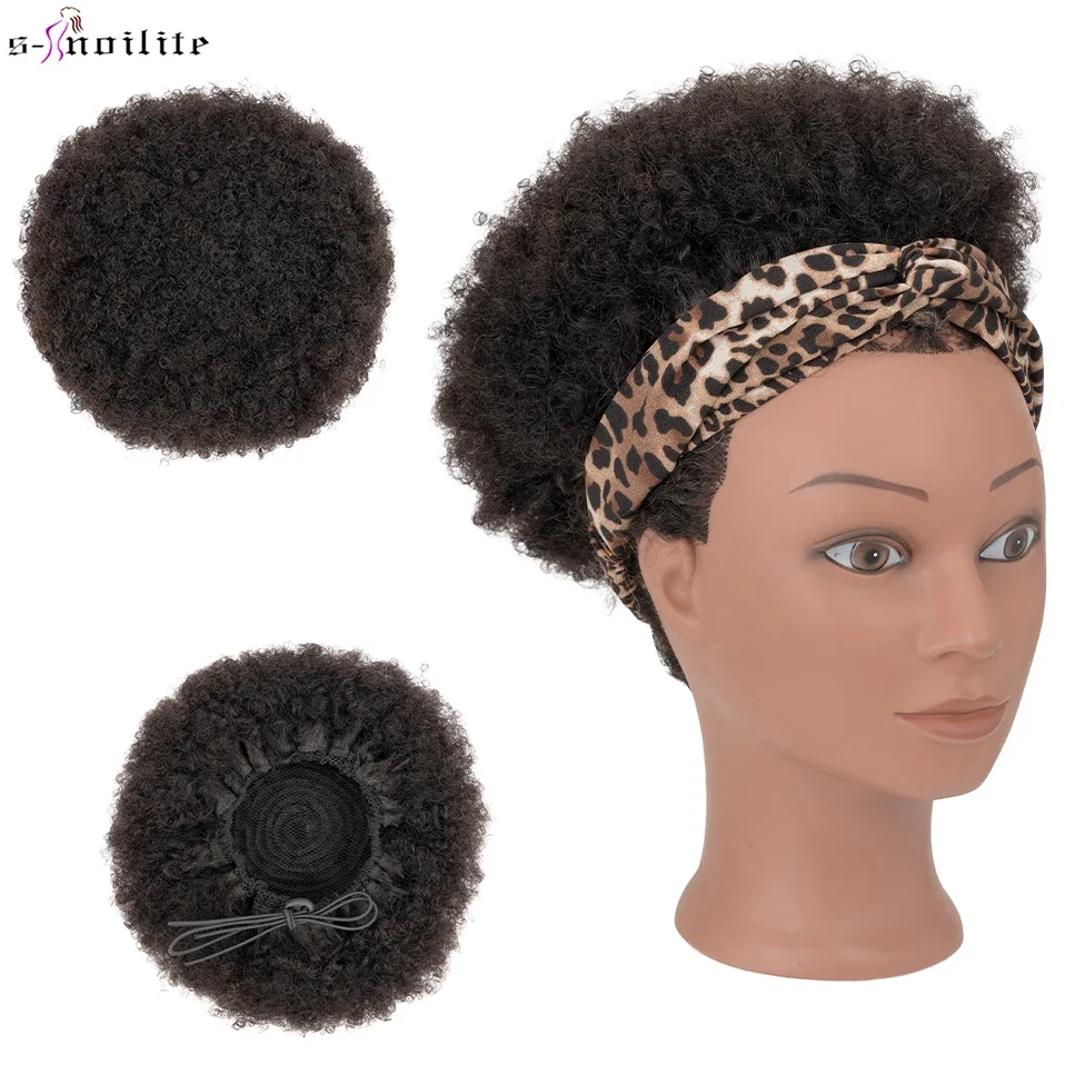 S-noilite 98g Human Hair Chignon Big Bun Hair Donut For Black People Headwear Wrap Elastic Scrunchie Curly Hairpiece Extensions