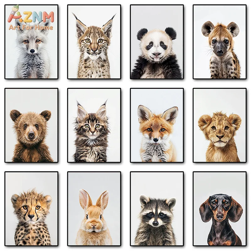 AZNM Realistic Cute Baby Wild Animal Canvas Print Fox Panda Lion Bear Rabbit Raccoon Dachshund Portrait Unframed Canvas Wall Art