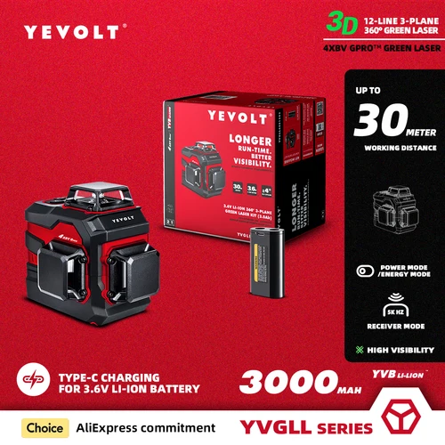 YEVOLT YVGLL4XS12 3 평면 그린 레벨, 3.6V 리튬 이온 배터리 360, 12 라인 3D 셀프 레벨링 수평 및 수직 도구 