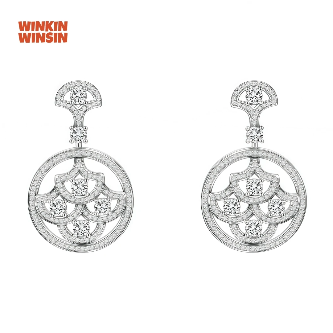 

WINKIN WINSIN Brand 925 Sterling Silver Lab Grown Gemstones High Carbon Diamond Round Hollow Fan Shaped Skirt Earrings Jewelry