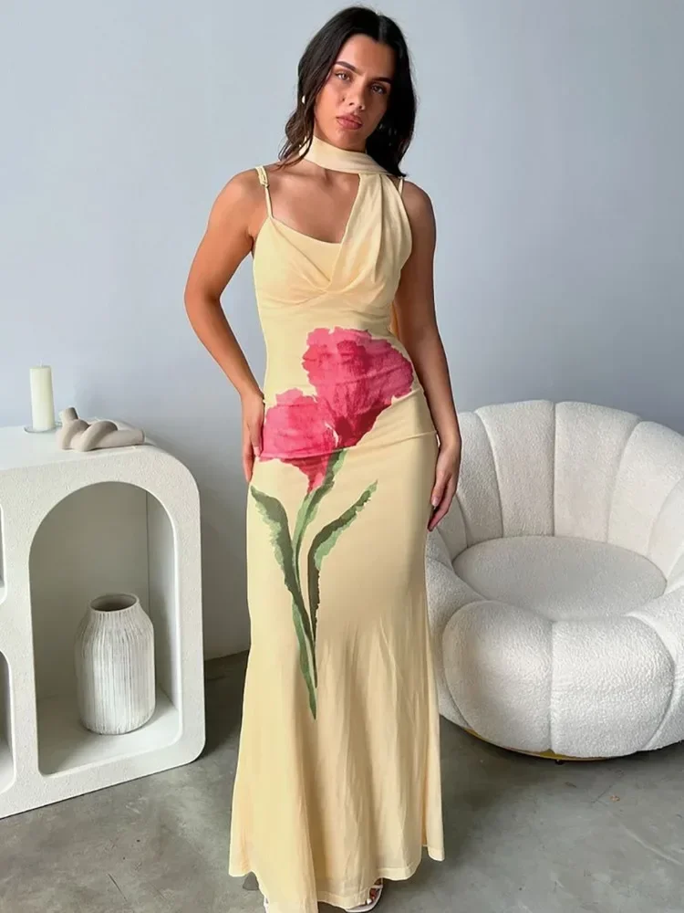 Bloemenprint halter sexy maxi-jurk voor dames, off-shoulder strapless mouwloze rugloze elegante lange jurk