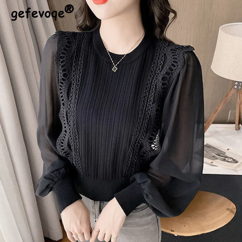 Korean Elegante Spitze Patchwork Langarm Schwarz Weiß Chiffon Shirts Frauen Herbst Chic Gestrickte Pullover Bluse Tops Blusas Mujer