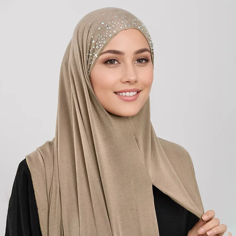 Rhinestone Head Scarf for Women Mercerized Cotton Head Wrap Solid Color Muslim Hijab Fashion Hair Accessory for Daily