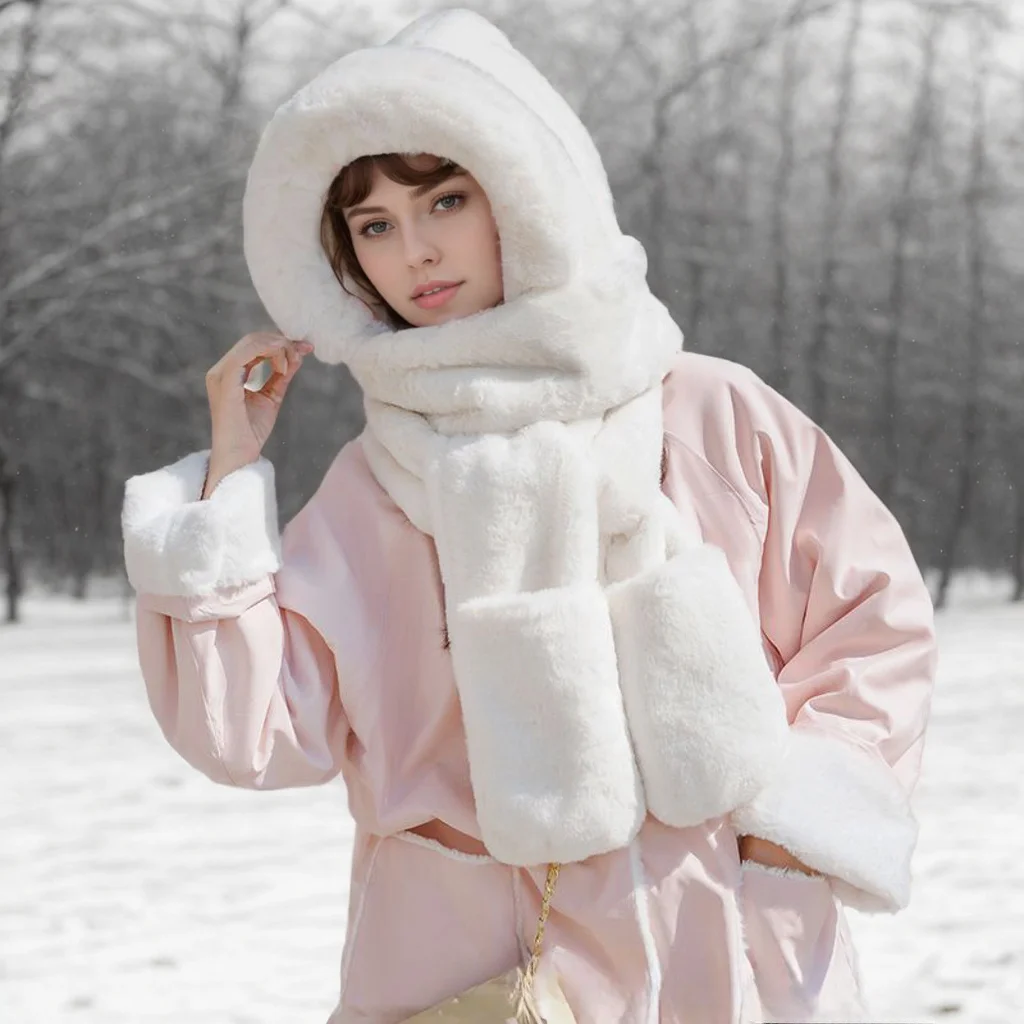 Women's 3-in-1 Plush Hat Scarf Gloves Set – Thick Warm Winter Cap with Ear Flaps, Windproof Cold Weather Outdoor