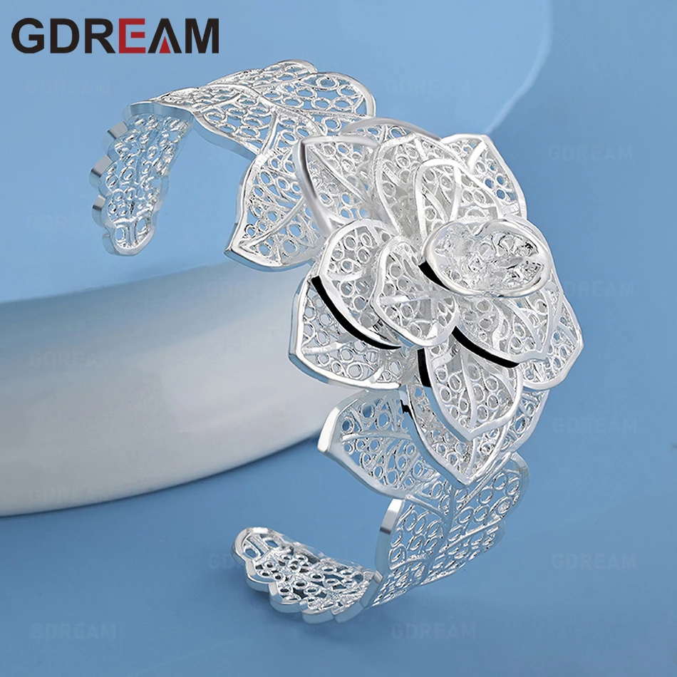 

GDREAM 925 Sterling Silver Openwork Flower Bangle - Everyday Accessory For Women, Simple And Elegant Jewelry