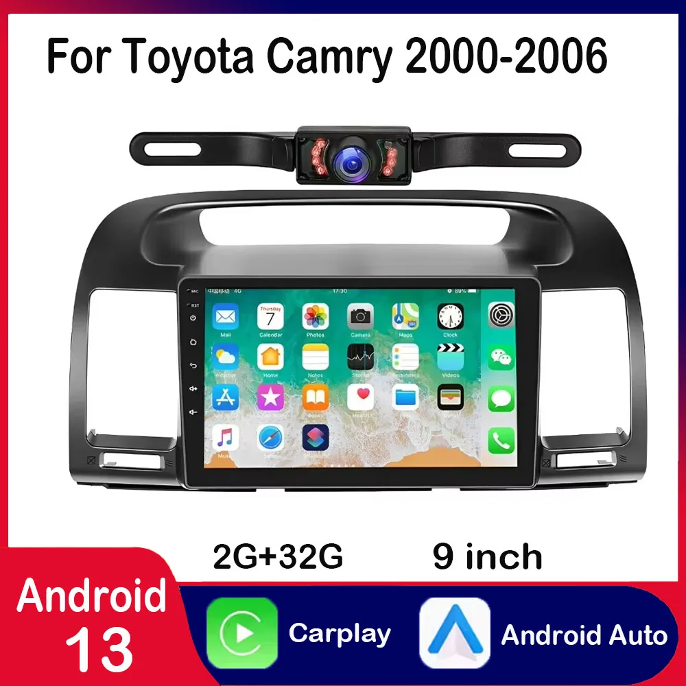 

Car Stereo with GPS Navigation Rimoody For Toyota Camry 2000-2006 9" Touch Screen Bluetooth FM WiFi Mirror Link + Backup Camera