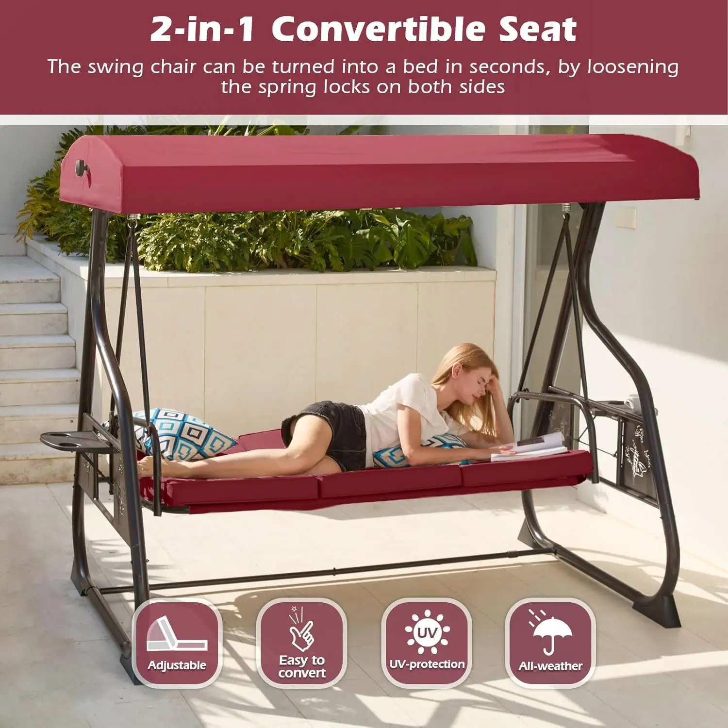 3 Seat Patio Porch Swing 800LBS Outdoor Swing with Stand Canopy Adjustable Backrest Patio Glider Chair Removable Pillows