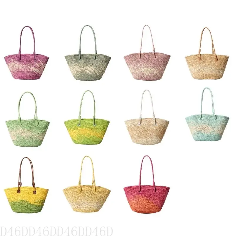 

D46D Fashionable Female Weave Shoulder Bag for Beach Vacation and Travel Colorful Woven Straw Handbag Large Basket Bucket Bag