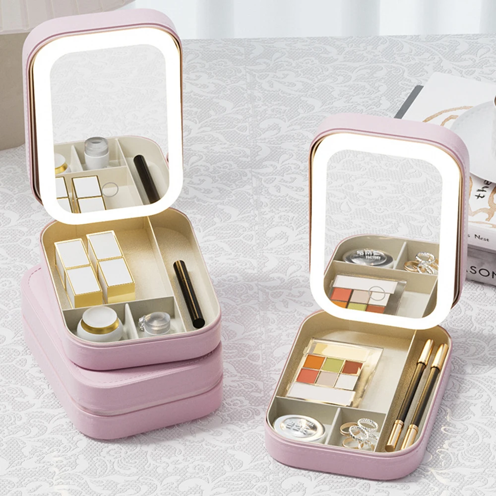 Trousse de maquillage LED multifonctionnelle avec miroir, 3 couleurs, lumière réglable pour le voyage, boîte à bijoux pliable portable, boîte à cosmétiques