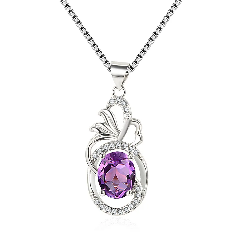 HuiSept Elegant Silver 925 Necklace Jewelry with Oval Shape Sapphire Zircon Gemstone Pendant Fashion Ornament for Women Wedding