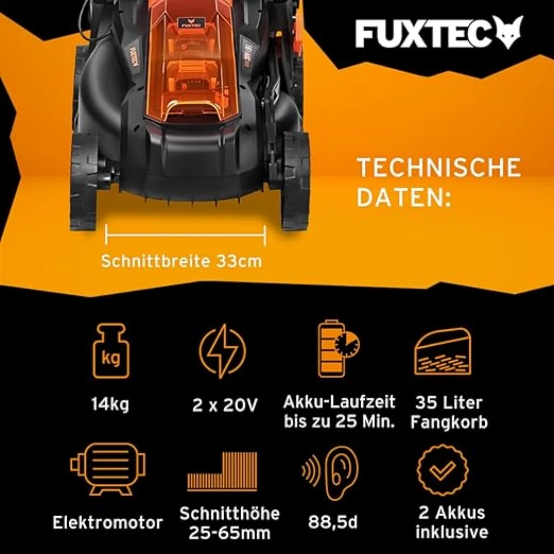 FUXTEC battery lawn mower 40V (2x20V) E1RM20 incl. 2x20V Li-ion Battery 2Ah & Double charger Cut Width 33cm Variable Sch