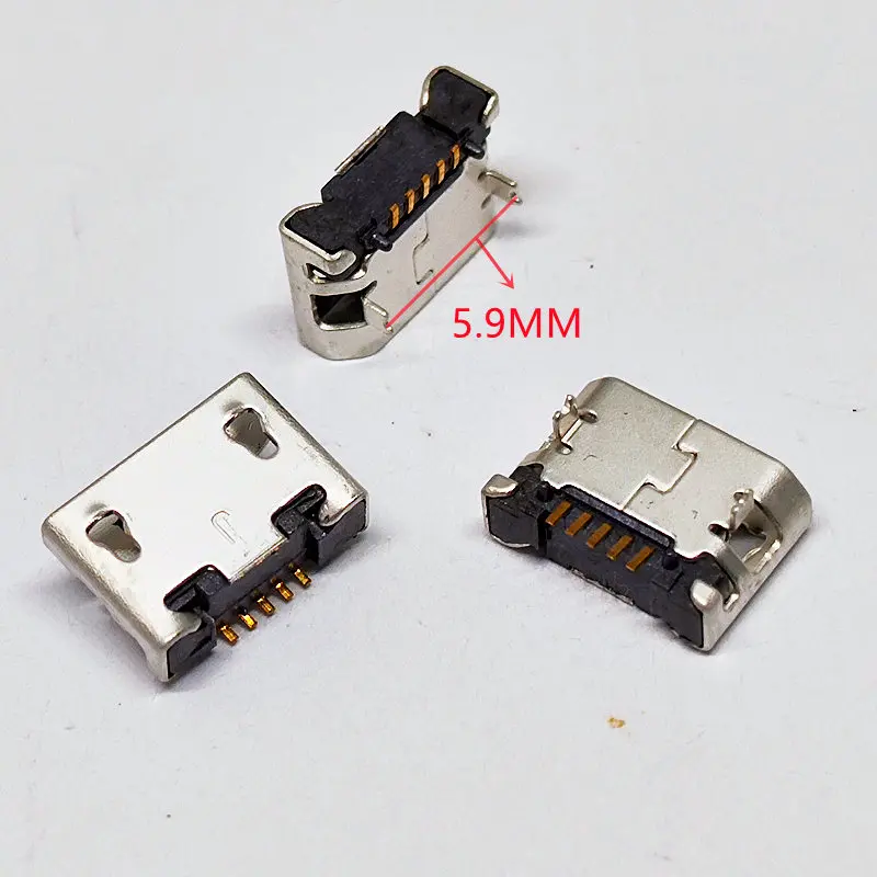 100Pcs Micro USB Connector 5Pin Female Socket 5.9mm Extension Long Leg Pin 1.5mm Flat Mouth Data Plug Charger Charging Dock Port