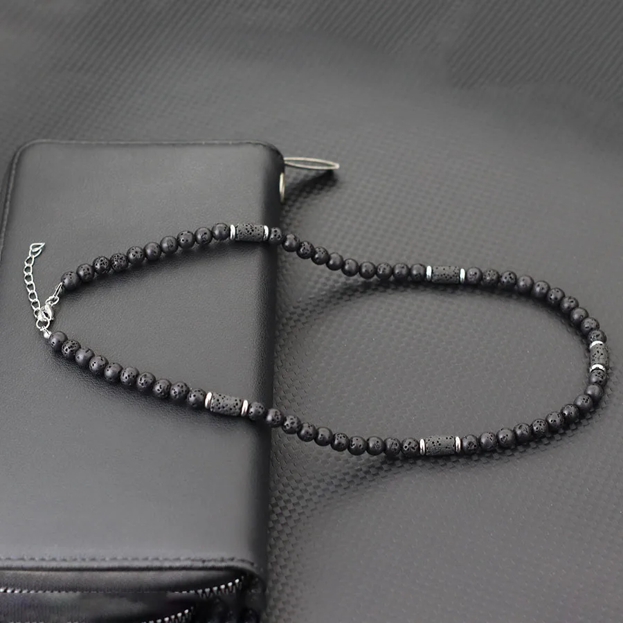 New Natural Stone Men Necklace 6mm Tiger Eyes Volcanic Rock Beads Collar Healing Neck Jewelry Accessories Perfect Gift For Him
