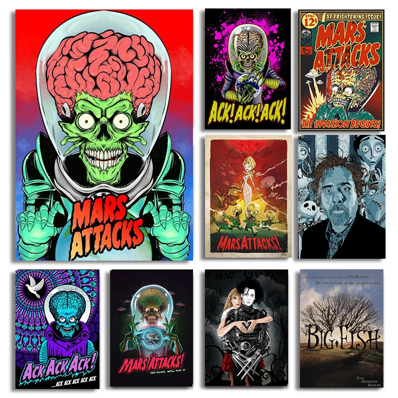 ¡Póster clásico de la película de Tim Burton Attacks de Marte! Pintura en lienzo, imágenes artísticas de pared para cafetería, Bar, decoración del hogar sin marco