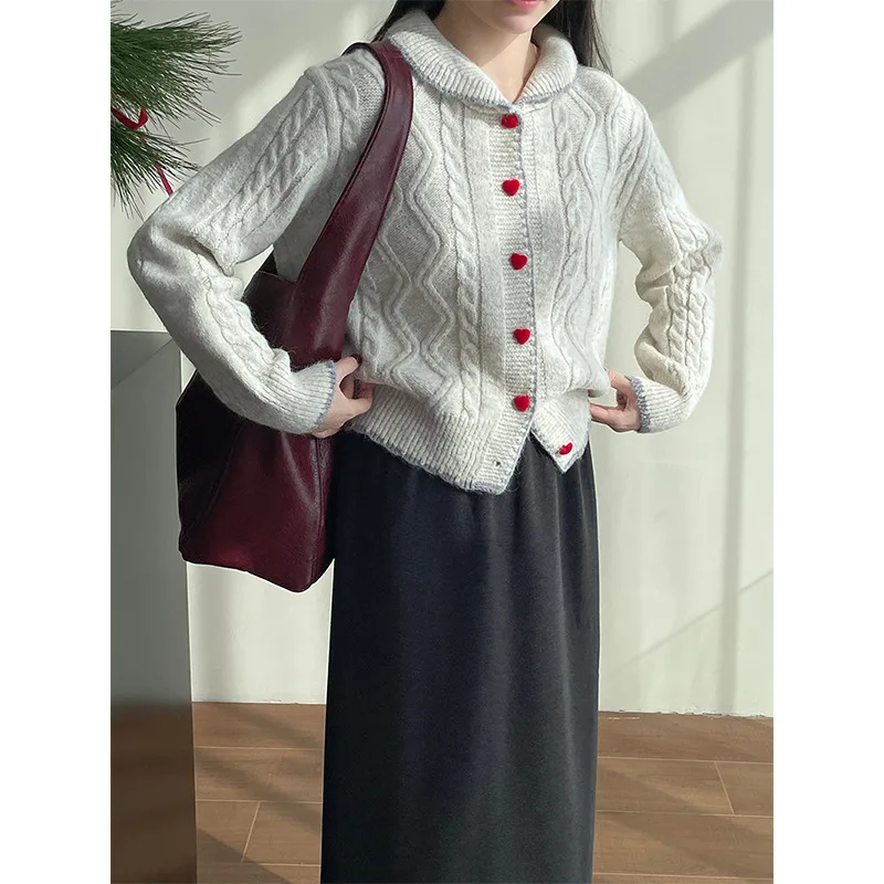 Baby Collar Love Button Fried Dough Twists Sweater Women's Contrast Loose Soft Waxy Knitted Cardigan