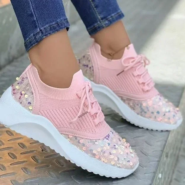 

Women Casual Glitter Shoes New Sequins Sneakers Woman Fashion Lacing Large Size 43 Outdoor Sport Running Shoes Zapatillas