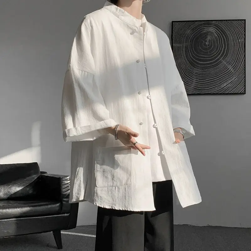 Men's Summer Linen Zhongshan Tang Suit Short-sleeved Teenager New Chinese Style Loose Seven-point T-shirt