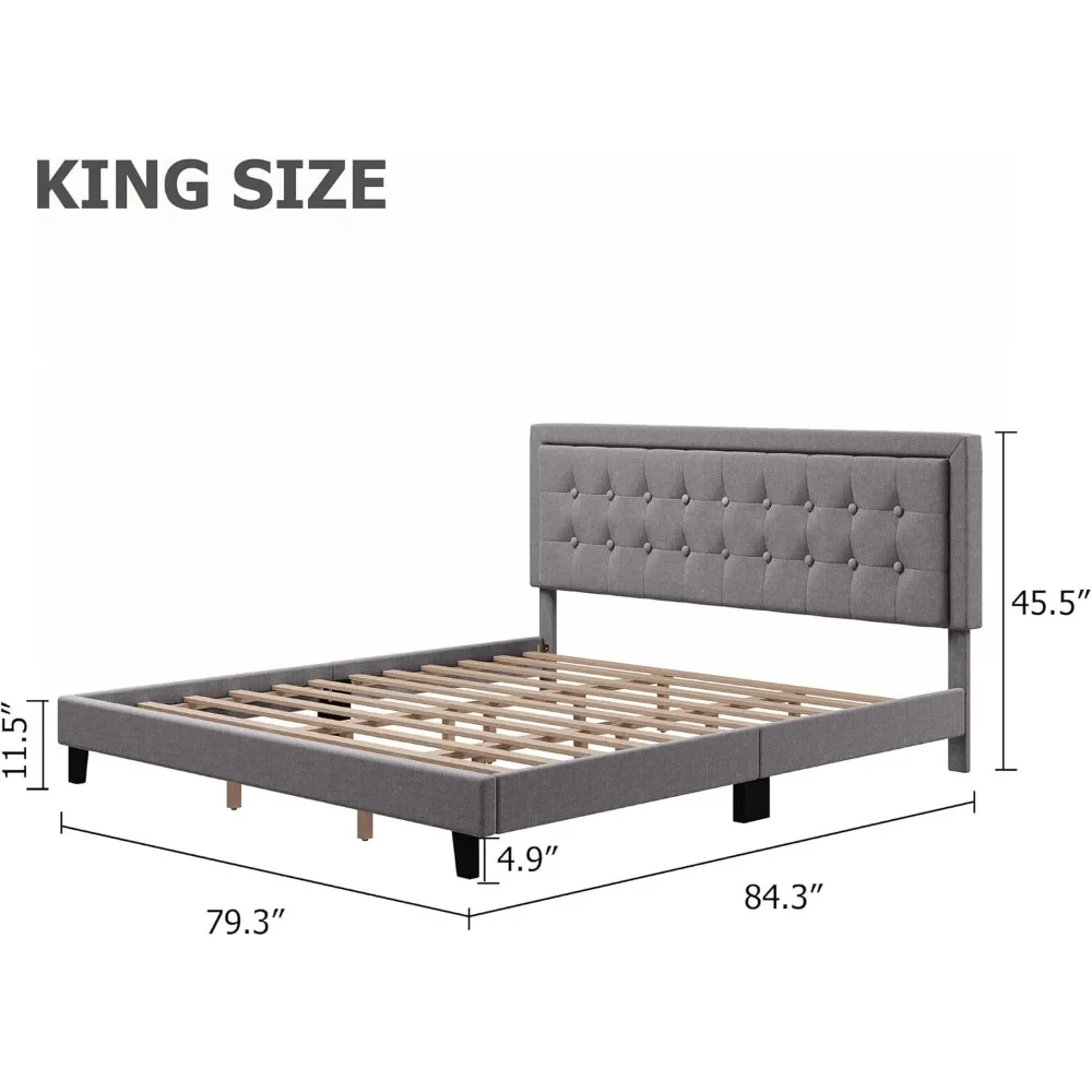 King Size Platform Bed Frame with Upholstered Button Tufted Headboard, Metal Foundation with Wood Slats Support