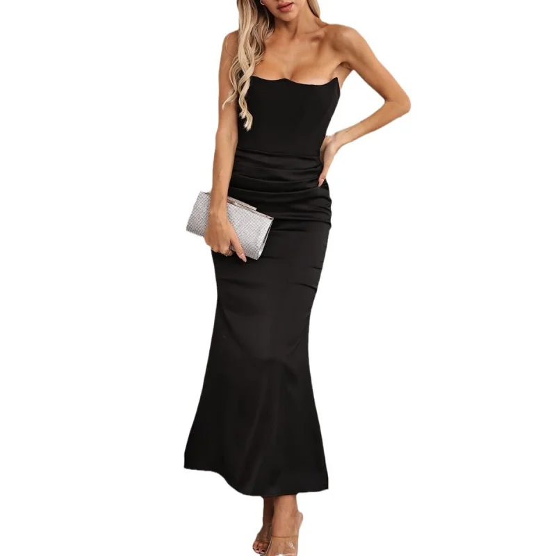 ヨーロッパとアメリカの新しいエレガントな知的なストラップレスオフショルダーサテンパッチワークウエストシェイプボディコンドレスガウン