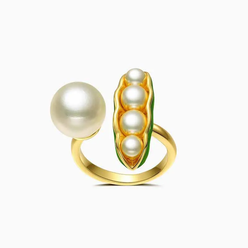 Creative Light Luxury Enamel Pea Pod Pearl Rings For Women Opening Adjustable Simple Green Fresh Engagement Jewelry Gift