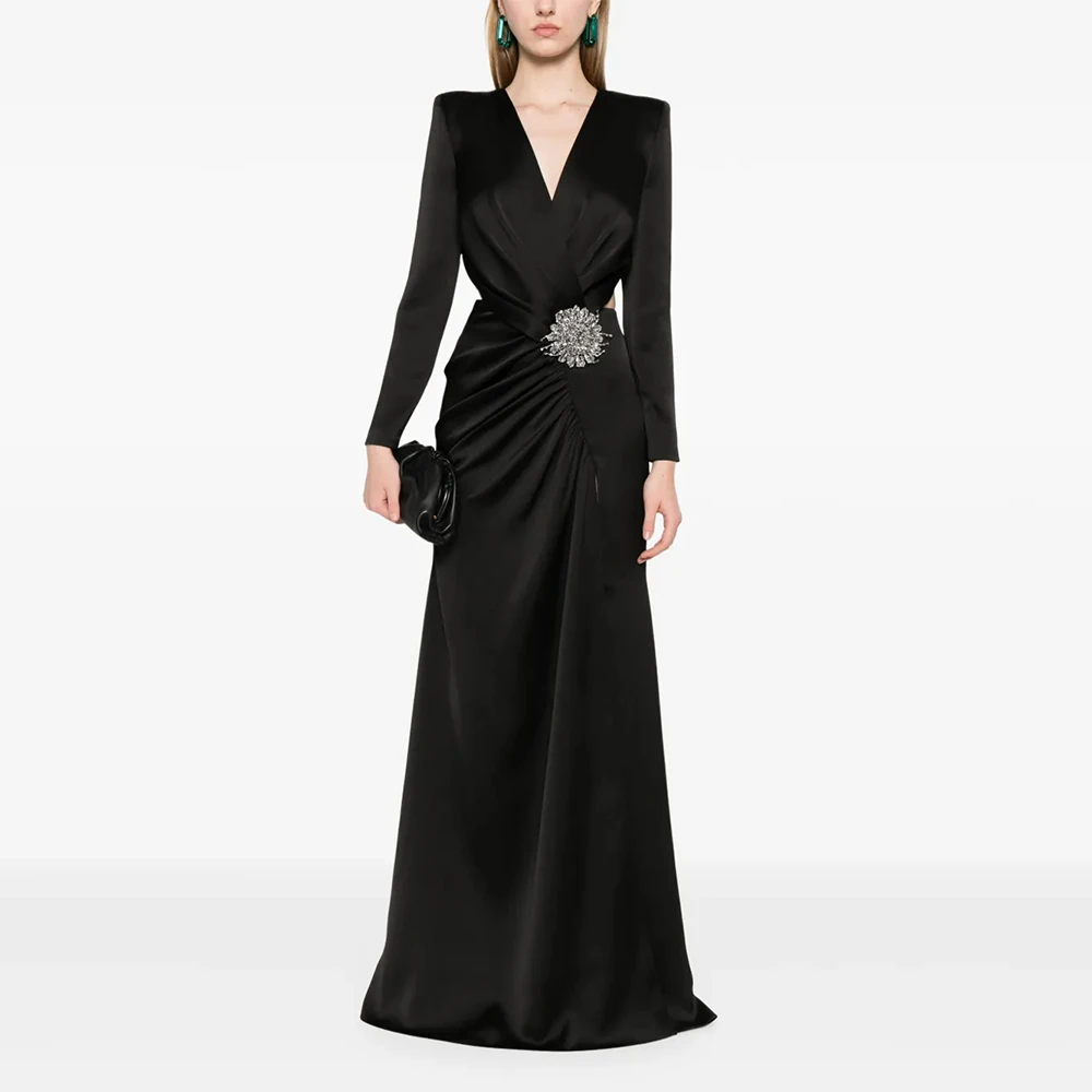 

Modern Black Women's Evening Gown Sheath Formal Party Dress Floor Length Long Sleeves Saudi Dress Beading Prom Dress