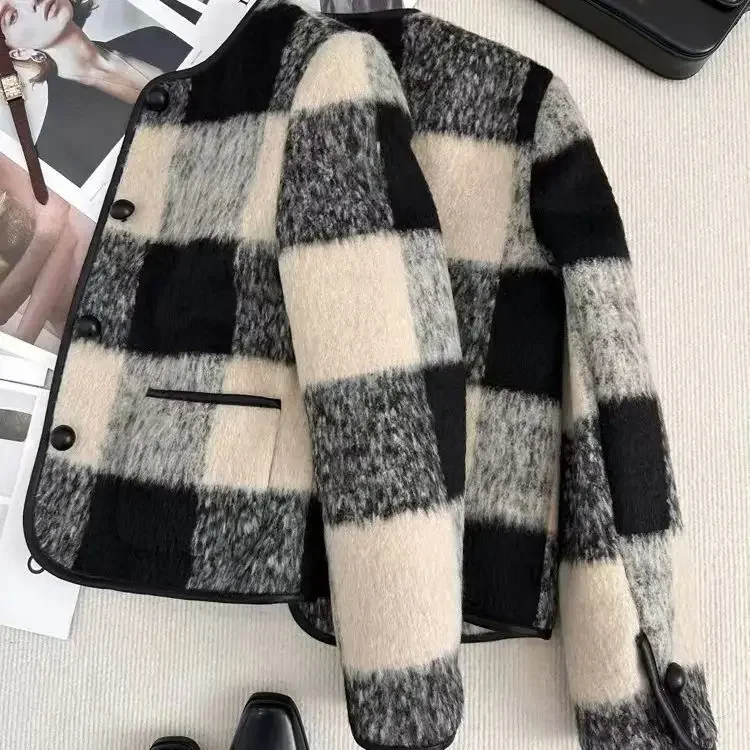 Zimní krátký kabát s hrubým vzorem, dámská módní vlněná bunda s kulatým výstřihem, plným rukávem a vnitřní výplní, podzimní a zimní, nový styl - náhled 3