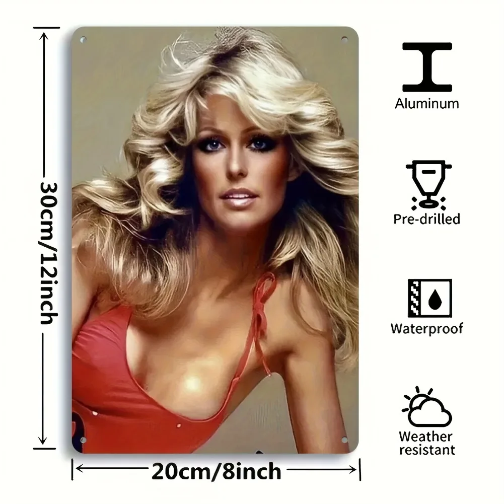مسطح ثنائي الأبعاد، قطعة واحدة من ملصق Farrah Fawcett Vintage Pin-Up - ديكور فني جداري معدني ريترو هوليوود جلامور - لافتة ألومنيوم متينة
