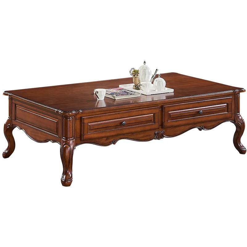 

American solid wood carving flower coffee table retro mahogany core wood living room furniture coffee table