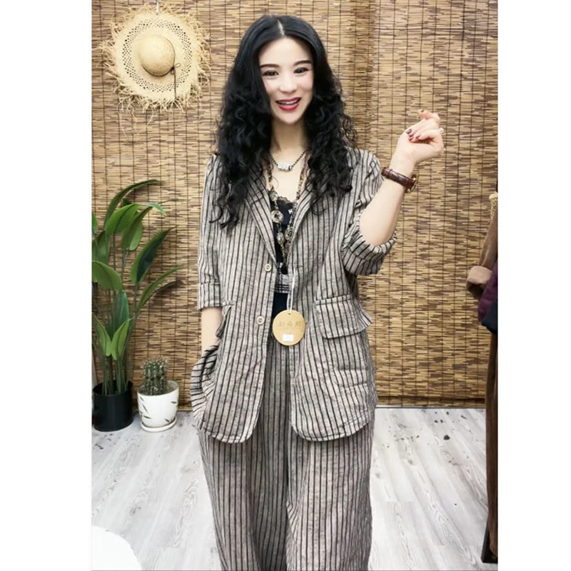 Spring women\'s 2022 new Korean elegant women\'s Pants Set long sleeve retro stripe coat Harlan trousers Set two-piece set