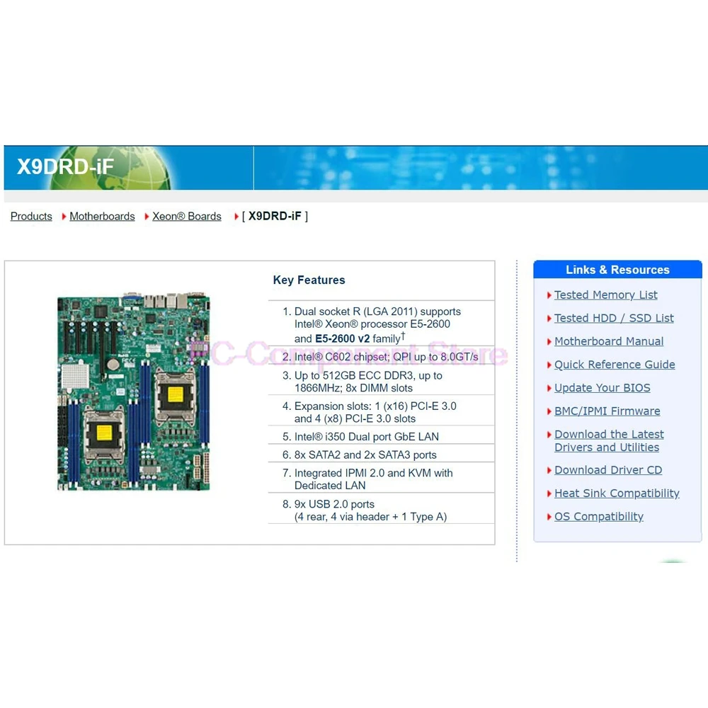 

Серверная материнская плата LGA2011 E5-2600 Family C602 ECC DDR3 PCI-E3.0 SATA3 SAS2 IPMI2.0 Двухпортовая GbE LAN X9DRD-iF