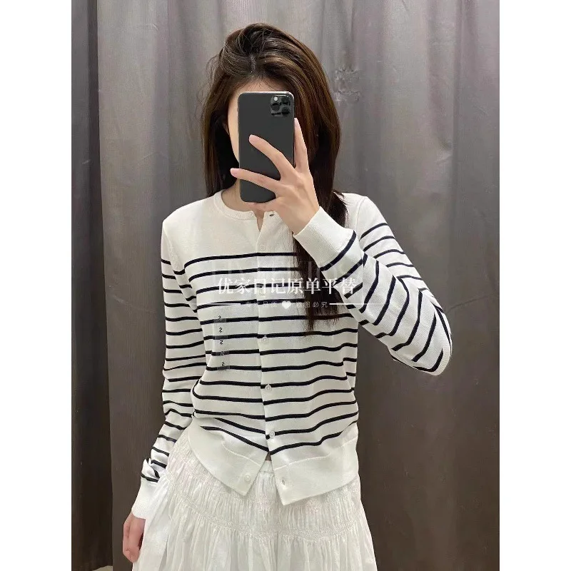 مشروط مزيج القطن طويلة الأكمام مخطط تريكو جولة الرقبة ربيع الخريف جودة الملابس النسائية TikTok جودة ملابس خارجية #2