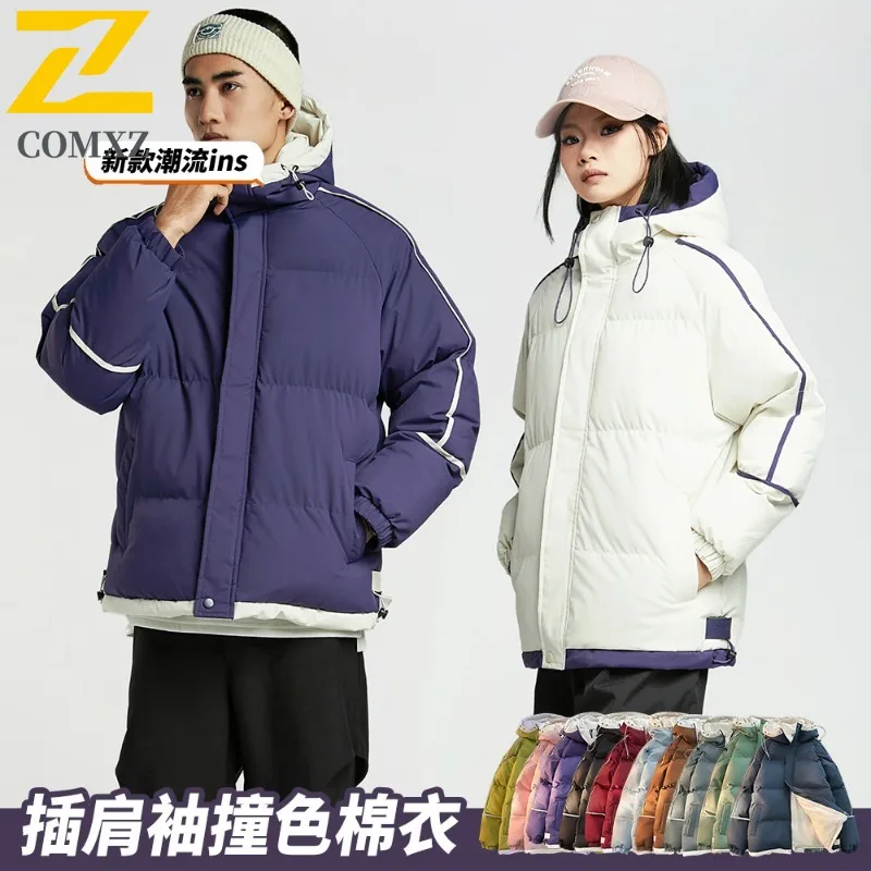 COMXZ 2025 Winter Fashion Hooded Puffer Jacket American style Unisex Casual Loose Fit Warm Waterproof Windproof Solid Color Coat