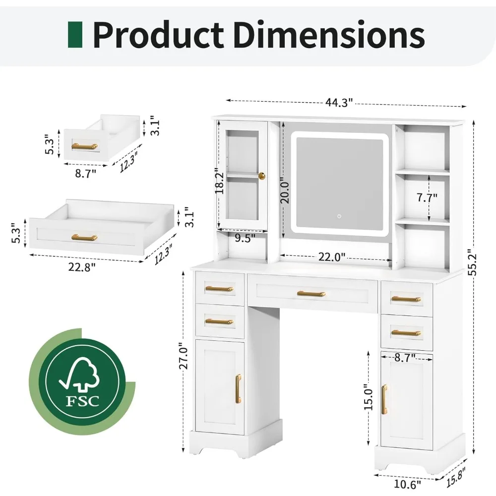مكتب مكياج مع مرآة وأضواء - طاولة زينة بيضاء مع 5 أدراج تخزين و3 خزائن، طاولة تزيين خشبية مقاس 55.2 بوصة ارتفاعًا