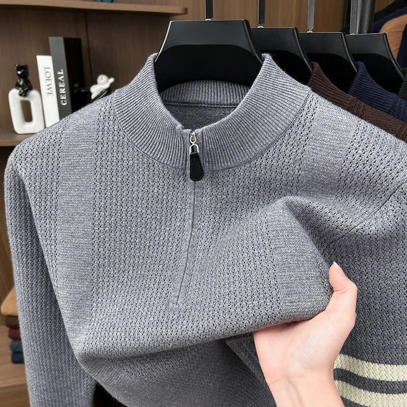 High End Men's Sweater Autumn Winter New Zipper Mock Neck Fashion Brand Classic Stripe Korean Casual Jacquard Knitted Pullover