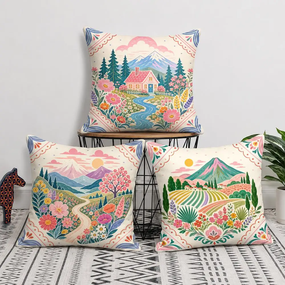 Nature Flowers Mountain Lake Colorful Cushion Cover Soft Short Plush Pillow Cover Smooth Cozy Texture Cushion Case Home Decor