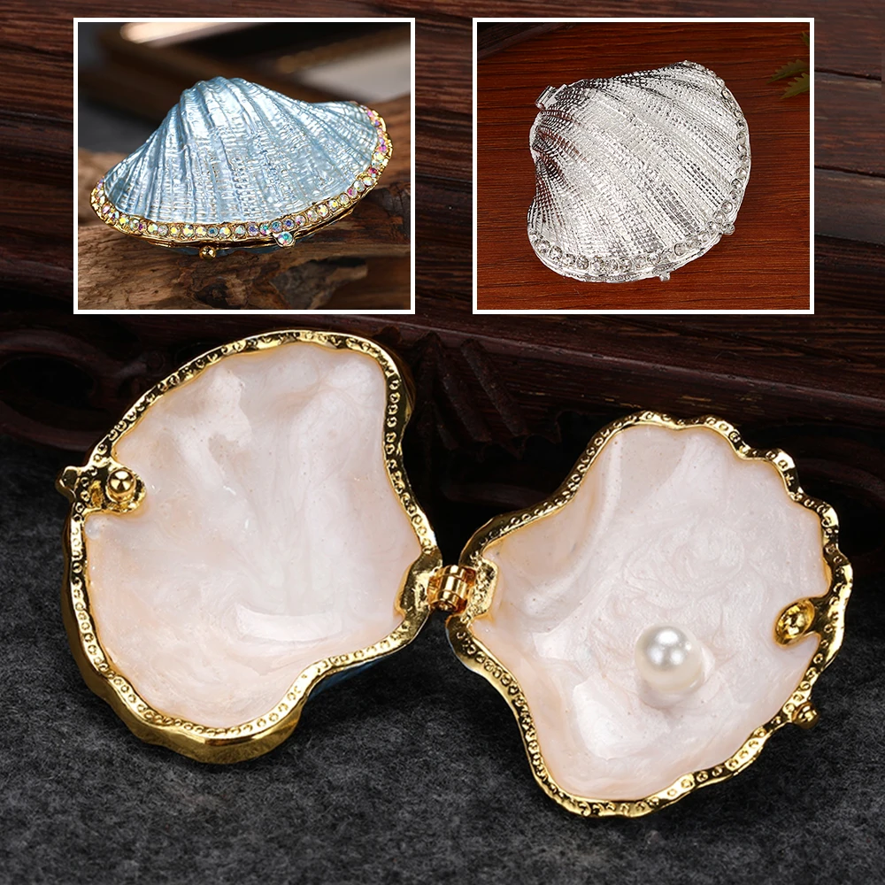 1pc Vintage Pearl Shell Hinged Jewelry Box Mussel Seashell Wedding Ring Holder Figurine Trinket Case Home Decor Creative Gift