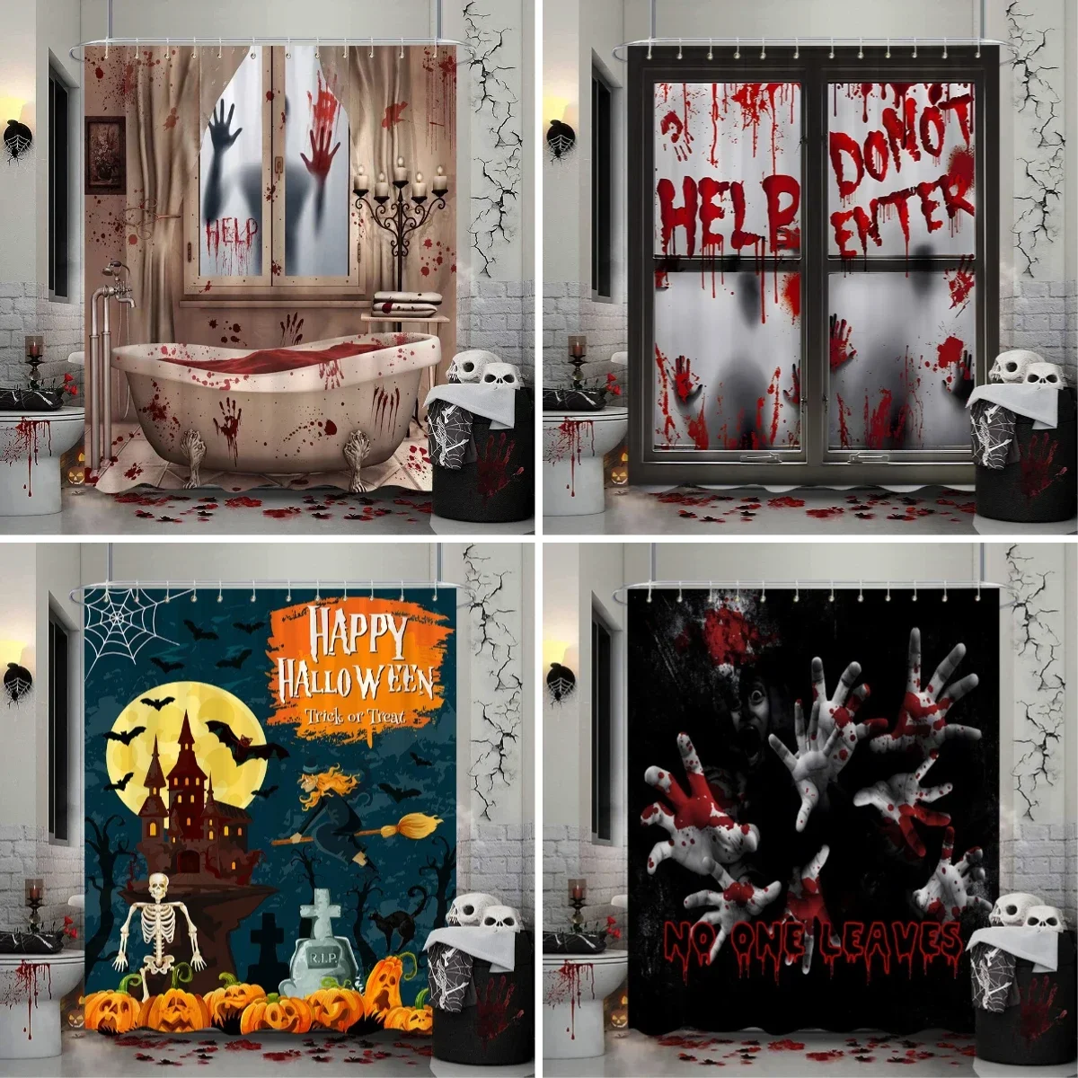 Scary Halloween Shower Curtain Scary Shadow Blood Handprints Bathtub Polyester Fabric Shower Curtains Bathroom Decor With Hooks
