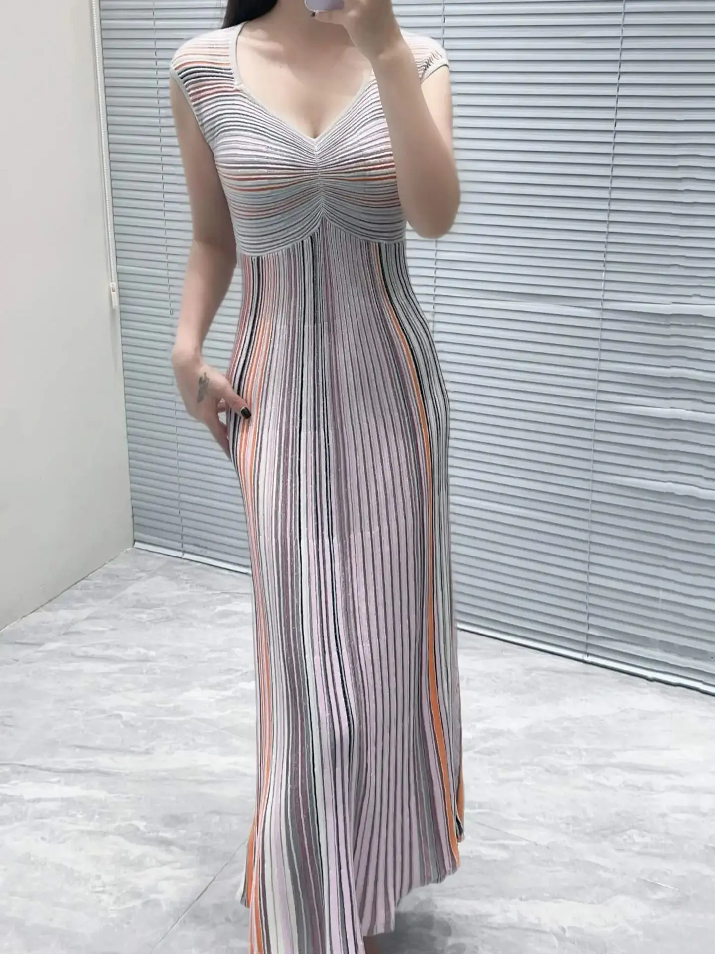 

2025 New Women Colorful Striped Vest Dress V-Neck Sleeveless High Waist Elegant Slim Knitted Robe