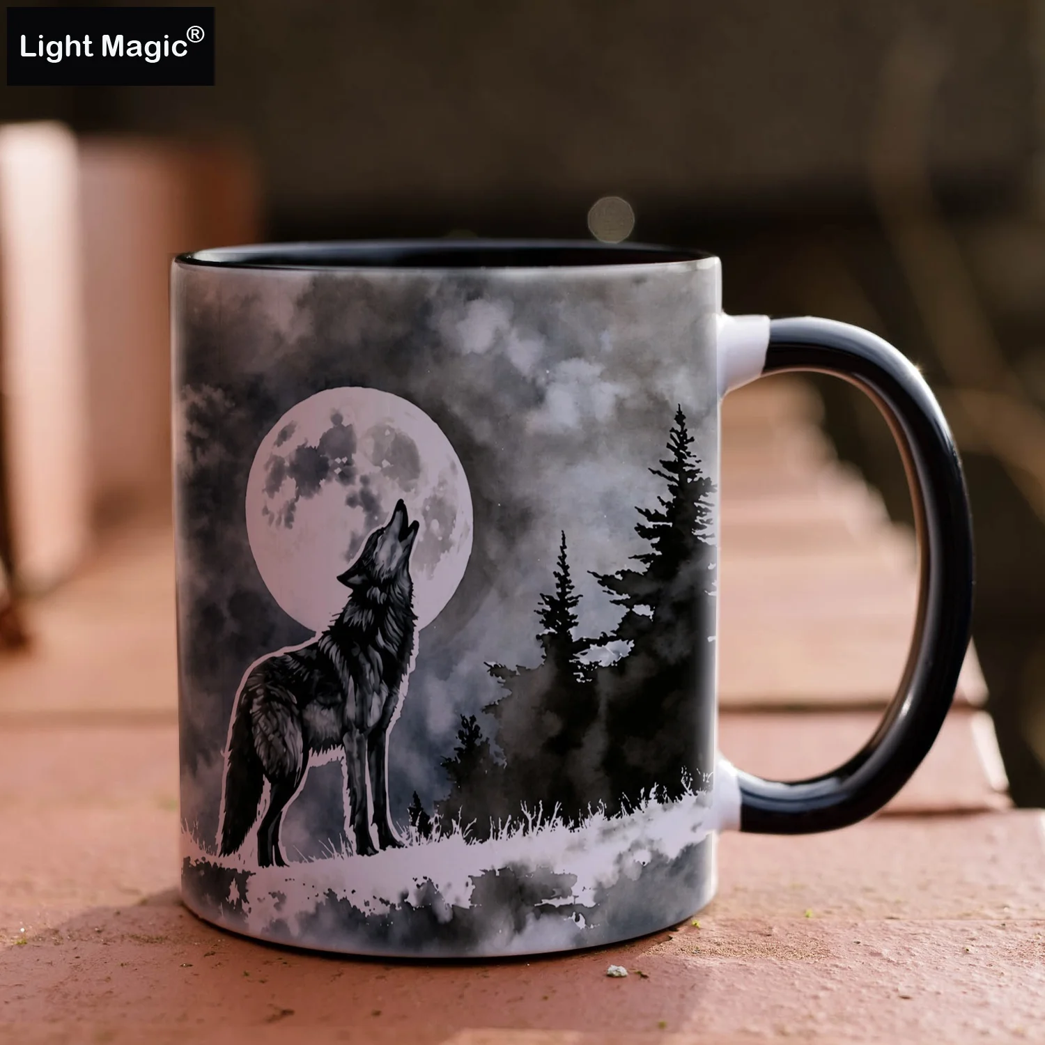 Wolf Moon Forest Ceramic Mug, Black and White Howling Wolf Coffee Cup, Night Sky Tree Pattern, Unique Office Home Gift