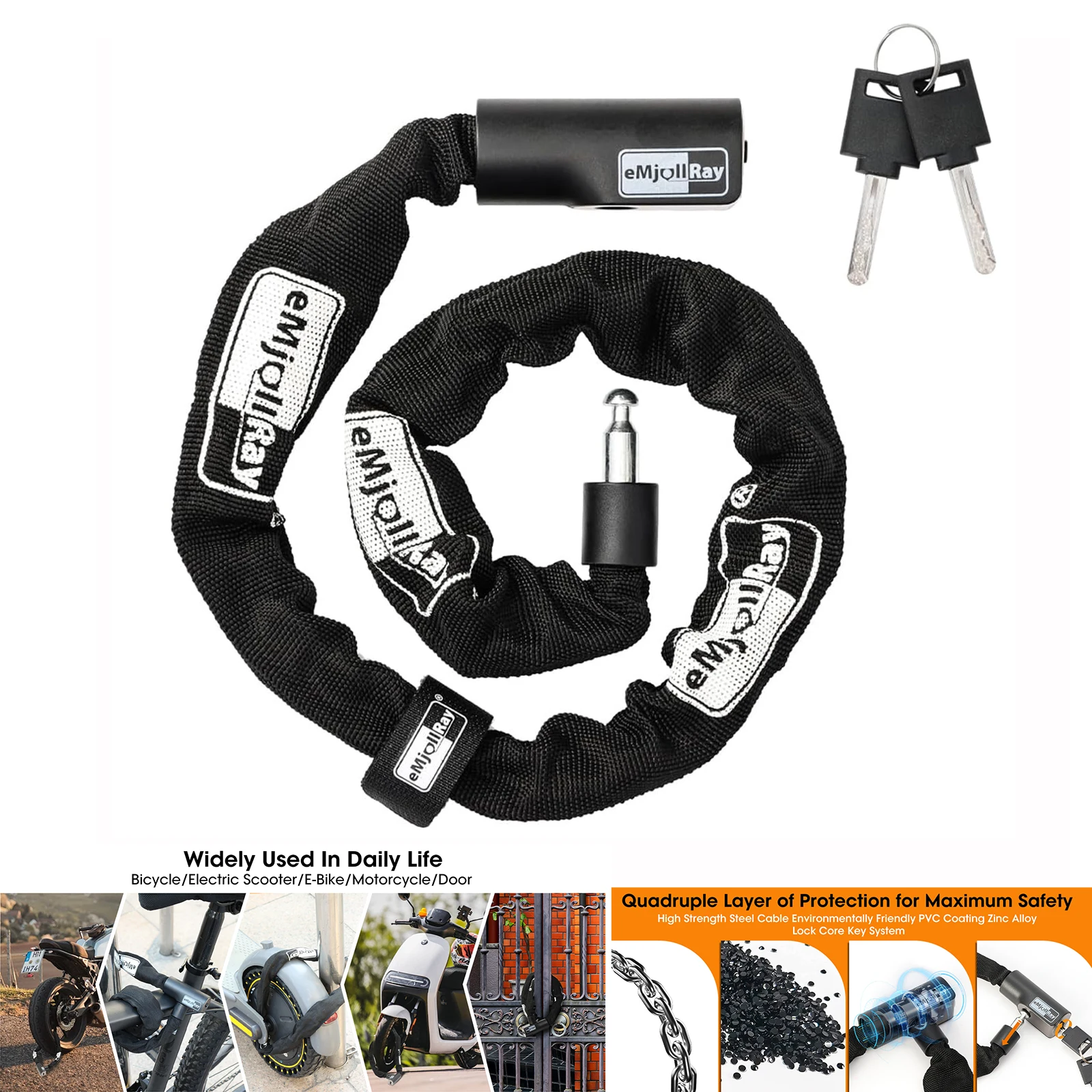 

E-Scooter Chain Lock with 2 Keys Heavy Duty Anti-Theft Bike Chain Lock Security Chain Links Lock for Scooters Bikes Motorcycle