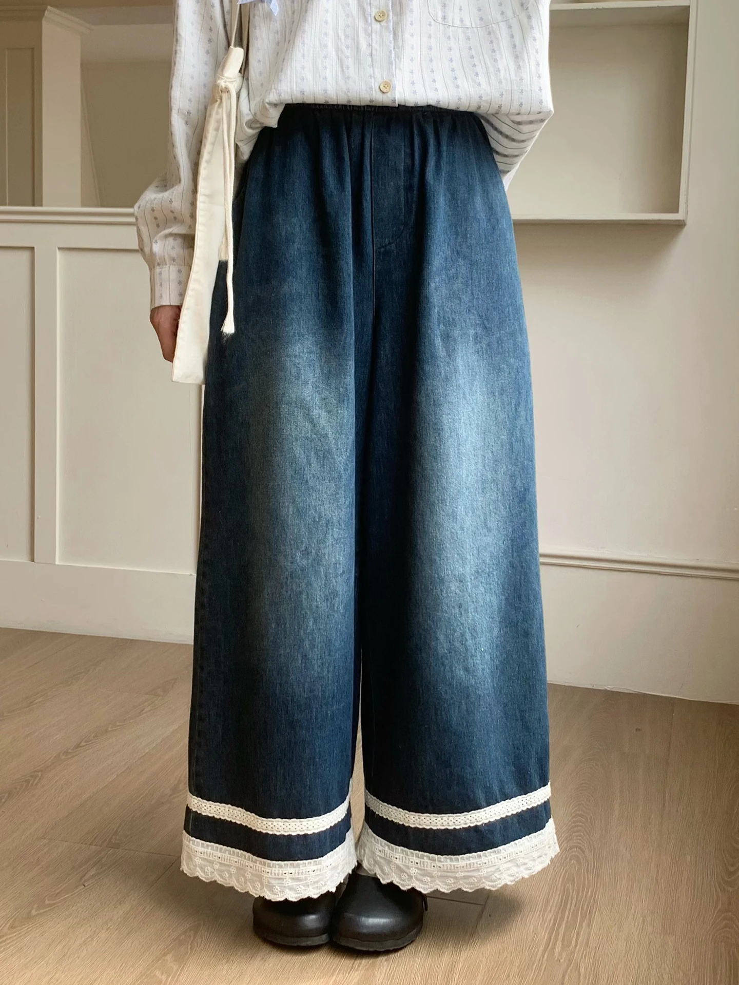 

Ruffle Hem Wide Leg Denim Jeans Women's Loose Fit Spring Summer New Style High Waist Sweet Style Pure Color Jeans by Xiaoyu L...