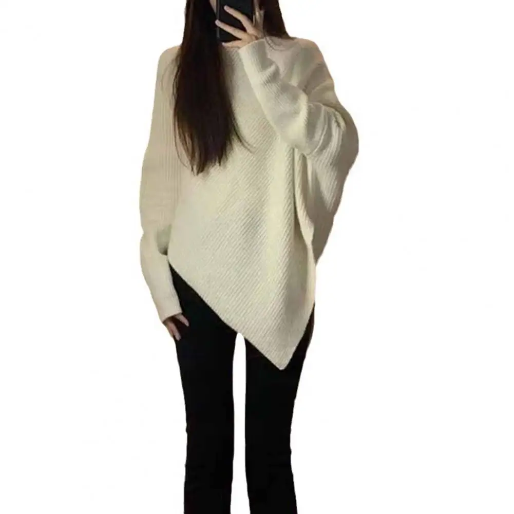 

Women Warm Pullover Cozy High Collar Bat Sleeve Sweater for Women Warm Soft Irregular Hem Pullover with Elastic Loose Fit Fall