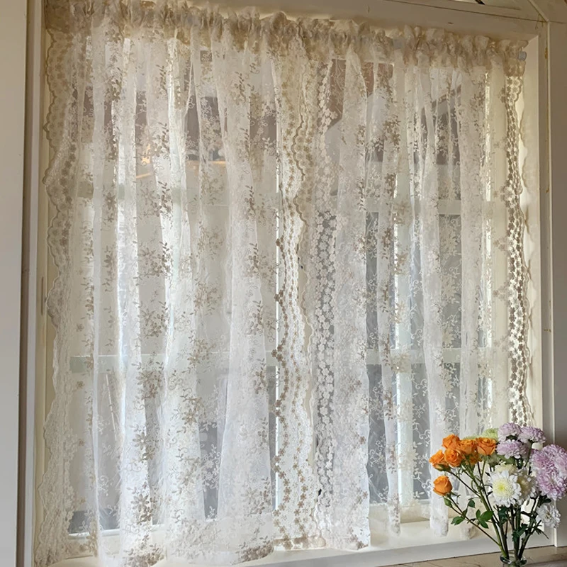 White Lace Curtains for Bedroom Vintage Lace Curtains Floral Embroidery Tulle Lace Sheer Curtains for Window Scalloped Trim Lace