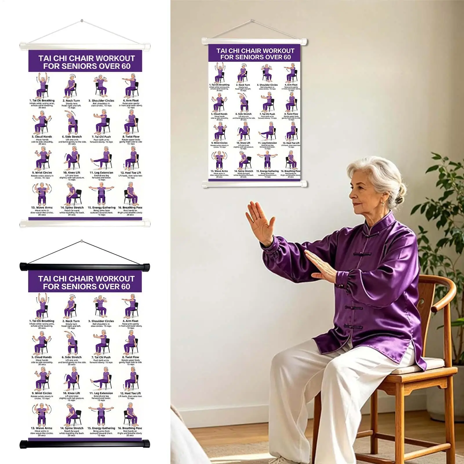 Senior Tai Chi Chair Exercise Poster Beginner Workout Guide Scroll Wall Art for Elderly Rehabilitation Fitness Training and Home